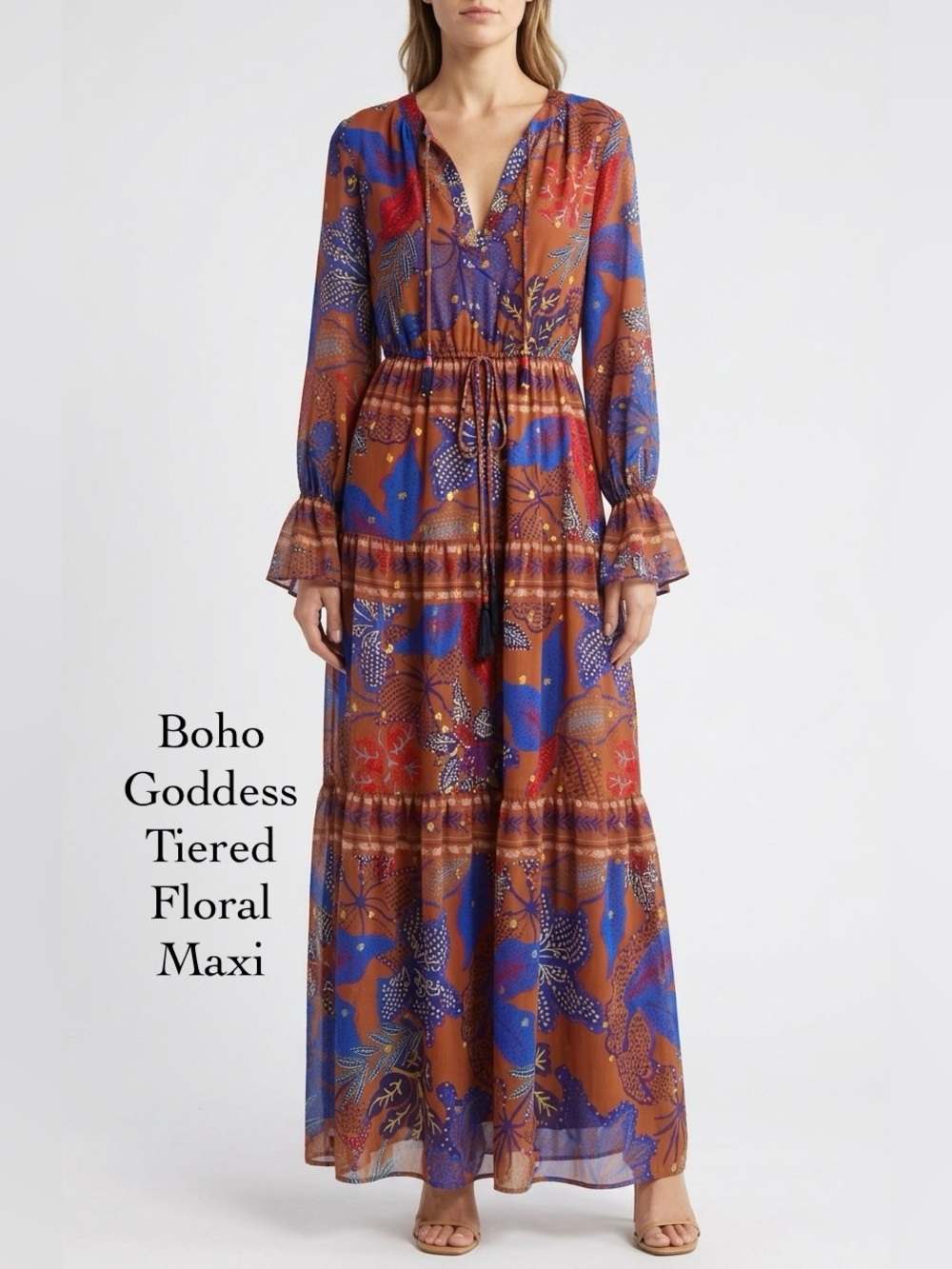 House of Harlow Floral Maxi Dress L Boho Tiered Tassel Long Sleeve